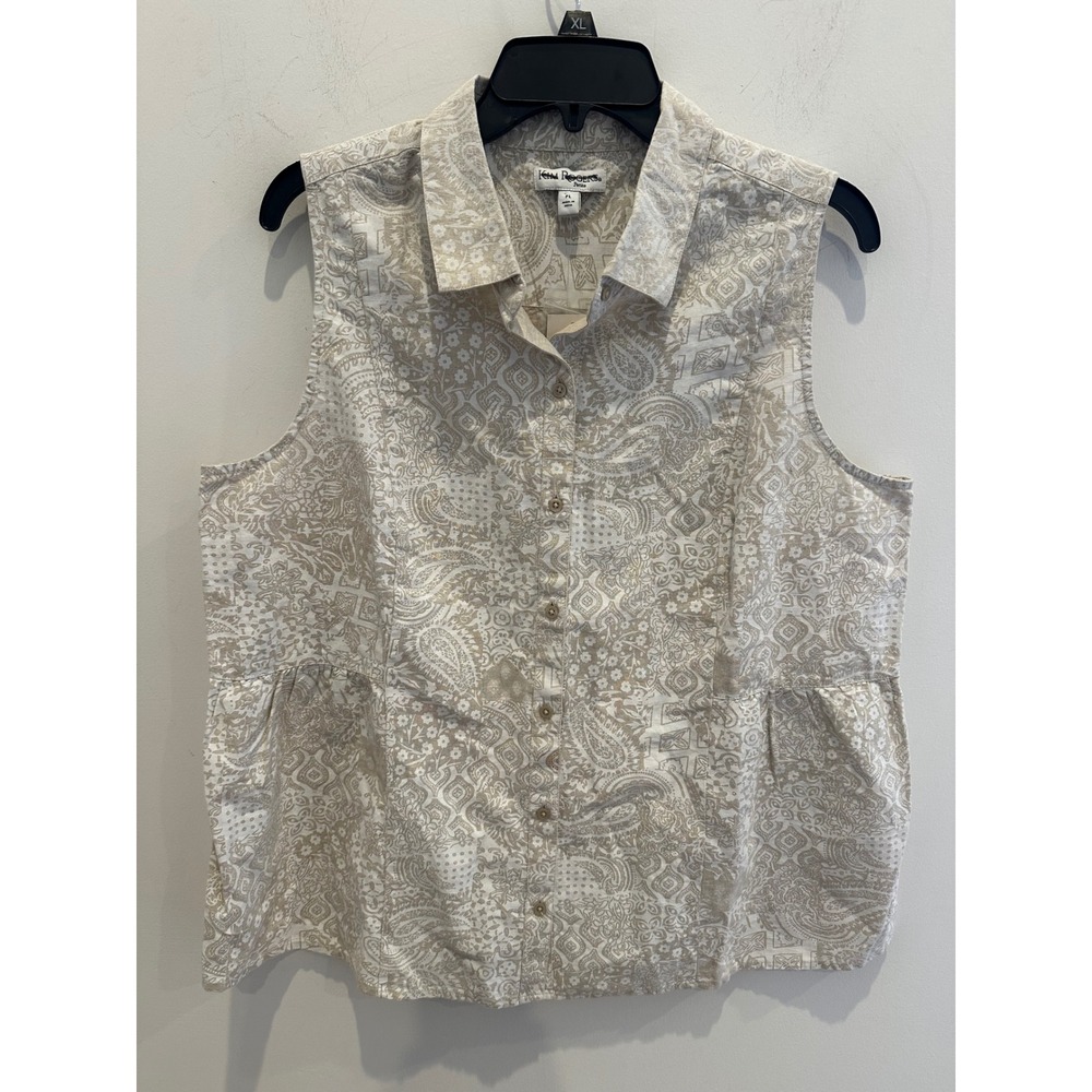 Kim Rogers Petite Linen + Cotton Paisley Sleeveless Button Up Top Flax Beige PL